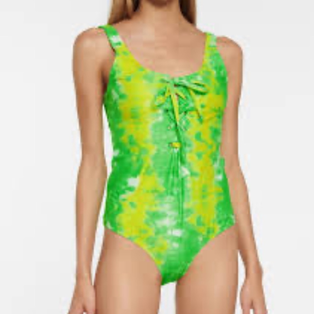 Ganni Tie-Dye Swimsuit Green Yellow Lace-Up One Piece Resort Beach-42/Large